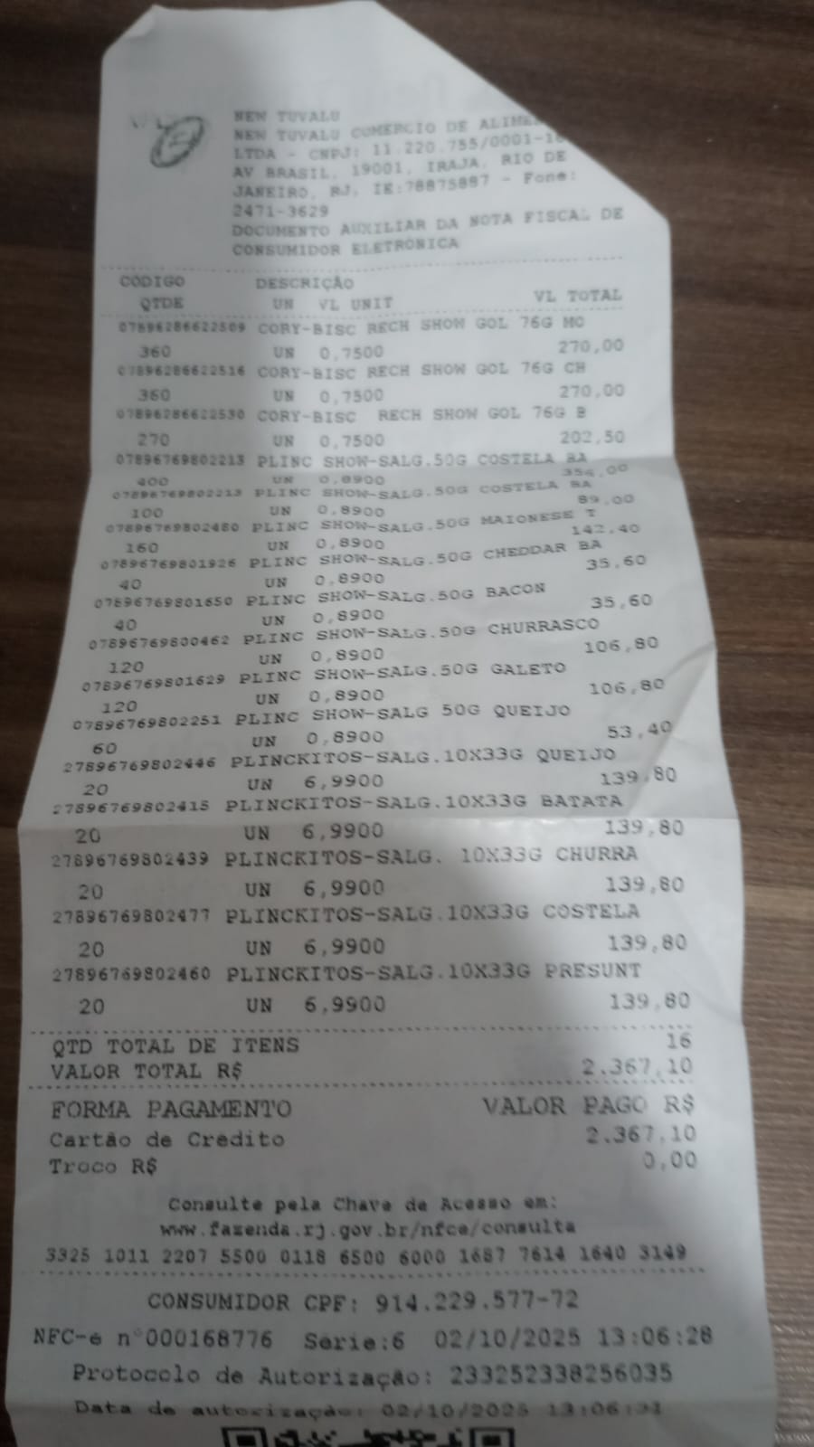 Nota fiscal: Salgadinhos